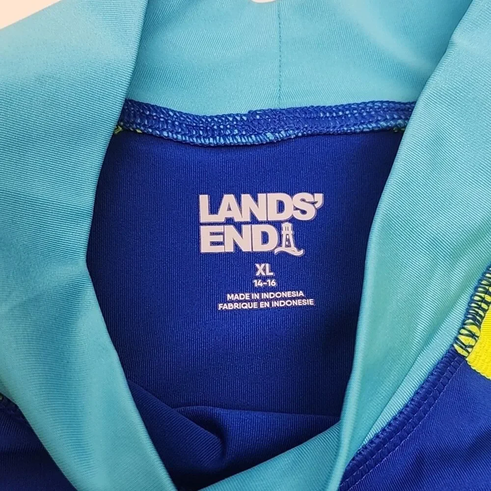 Lands End Rash Guard Swim Shirt Blue Yellow Short Sleeve Boy Youth XL 14-16 Mock